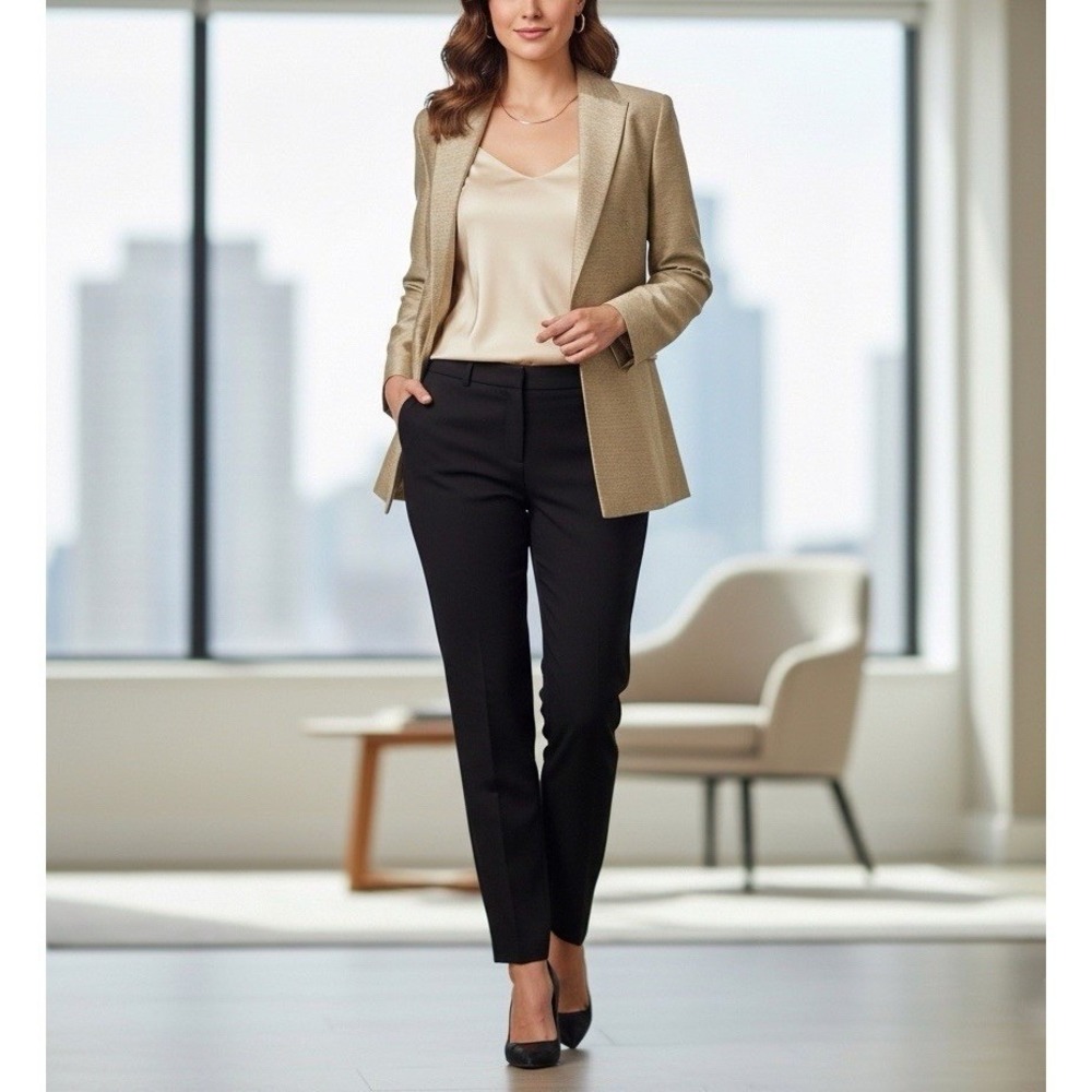 Dana Buchman Open Front Gold Silk Wool Textured Weave Blazer Jacket Petite 4